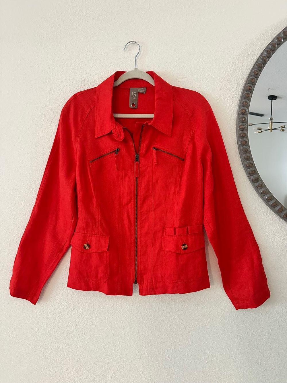Coral Red Linen Zip-Front Women's Jacket